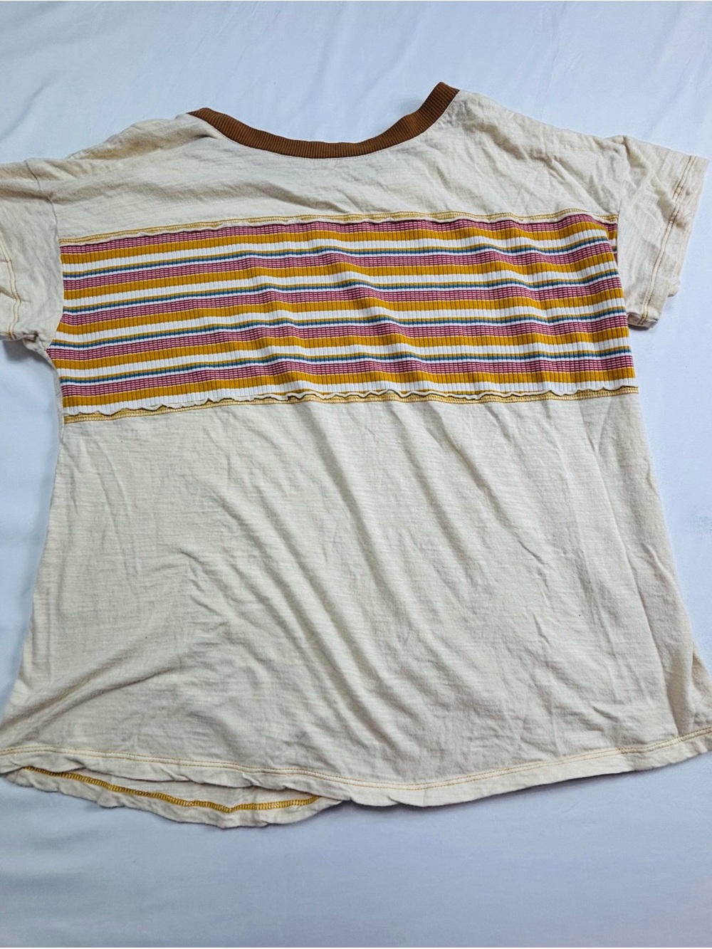 Cream Striped Panel Kids Tee with Brown Trim W665